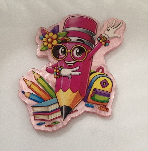Cute Pink Pencil with School Supplies Teacher Acrylic