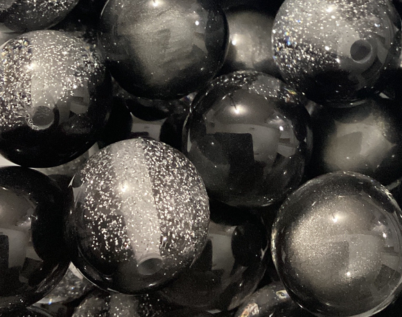 16mm Black Half Cat Eye/Half Silver Glitter Bead
